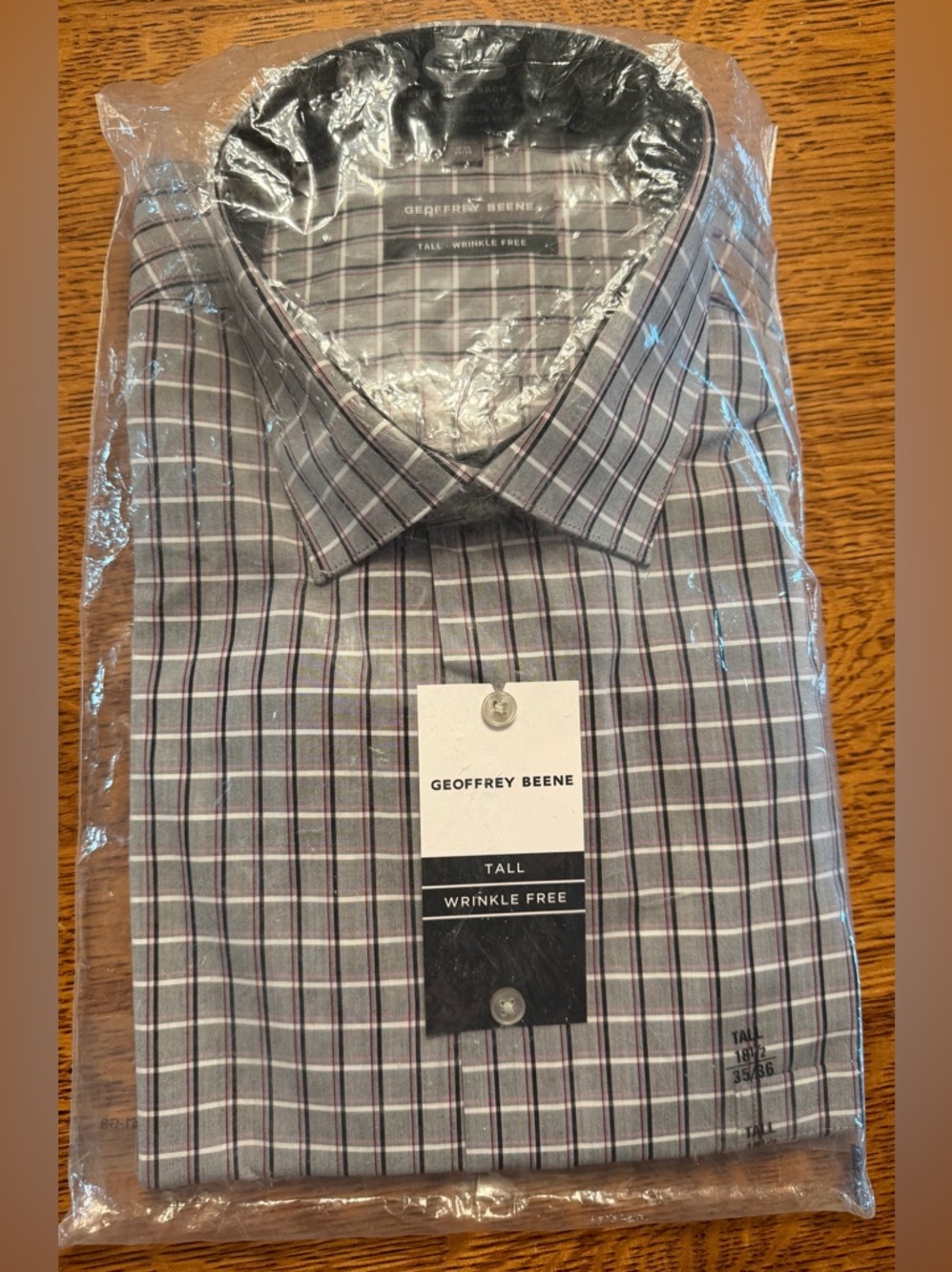 Geoffrey Beene Men's Gray Plaid Dress Shirt with Subtle Purple Stripe